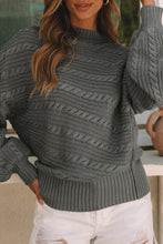 Gray Mock Neck Lantern Sleeve Cable Knit Sweater