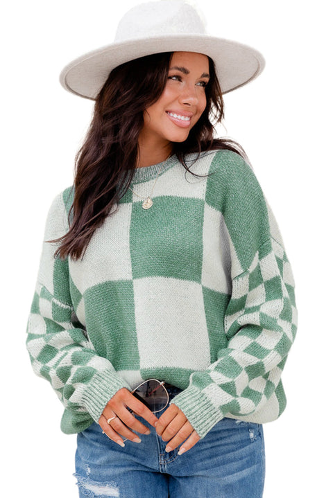 Flaxen Checkered Print Drop Shoulder Sweater