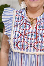 Sky Blue Striped Embroidered Tassel Tie Neck Frilled Trim Plus Blouse