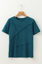 Blue Sapphire Solid Color Toothpick Stripe Round Neck T Shirt