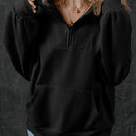 Black Zip-up Stand Neck Kangaroo Pocket Sweatshirt