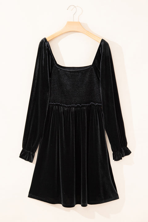 Black Velvet Flounce Sleeve Shirred Bodice Plus Babydoll Dress