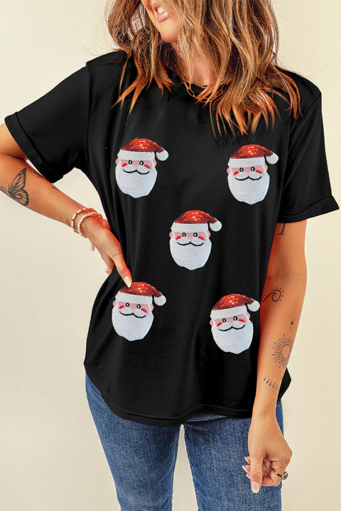 Black Sequin Christmas Claus Pattern Crewneck T Shirt