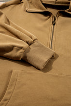 Brown Fleece Lined Half Zipper Kangaroo Pockets Loose Hoodie