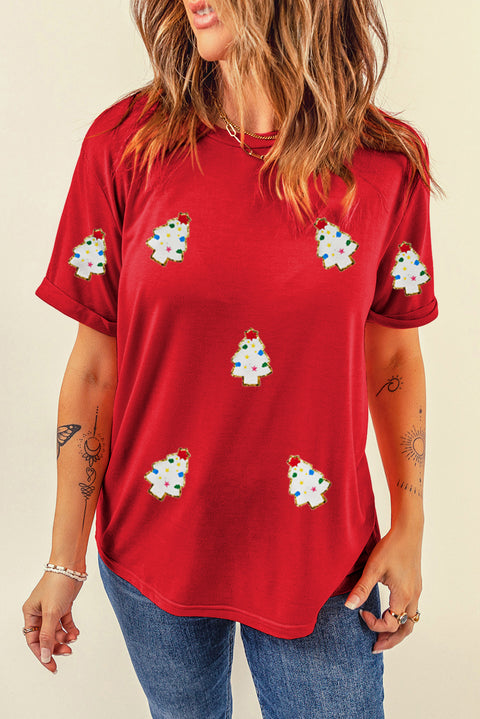 Red Christmas Tree Patched Pattern Crew Neck T Shirt