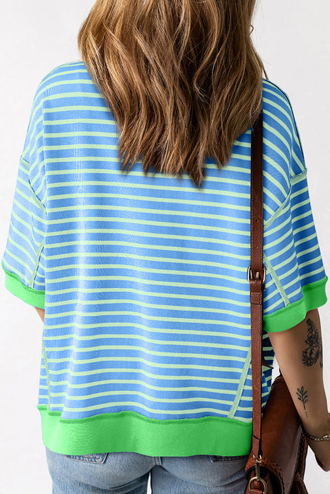 Sky Blue Stripe Sequin Cactus Pattern Half Sleeve Contrast Edge T Shirt