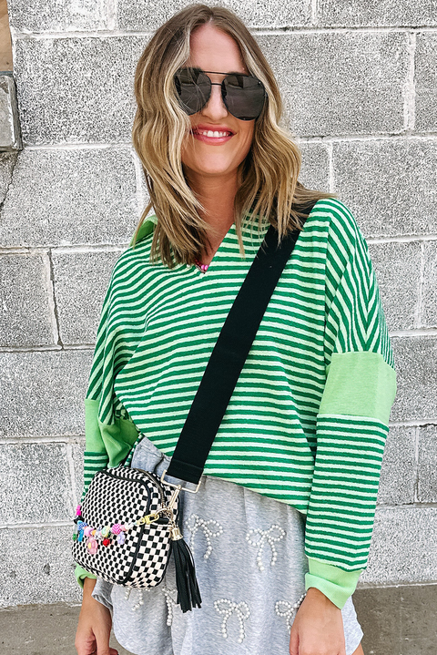 Green Stripe Turn-Down V Neck Patchwork Loose Top