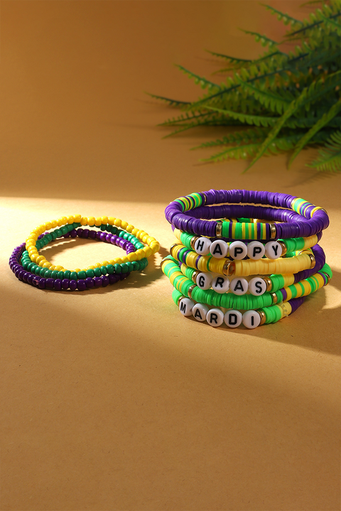 Tillandsia Purple Happy Mardi Gras Beaded Layered Bracelet Set