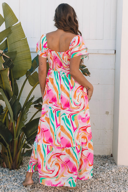 Pink Abstract Print Ruffled Sleeve Smocked Bust Maxi Dress