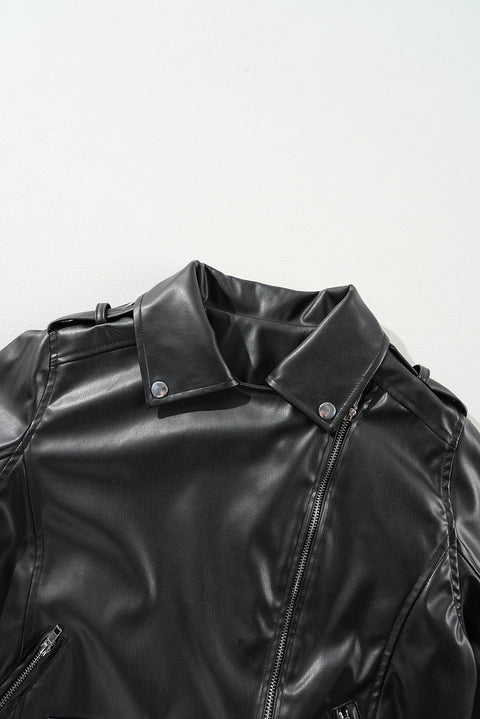 Black PU Leather Lapel Collar Zipper Jacket