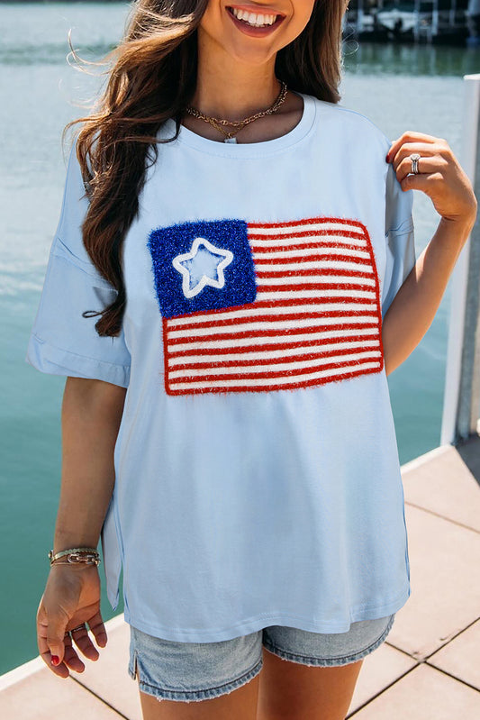 Beau Blue Tinsel American Flag Graphic Drop Shoulder T-shirt