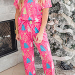 Rose Christmas Tree Print V Neck Tee and Pants Lounge Set