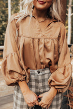 Brown Puff Sleeve Collared Pleated Babydoll Blouse