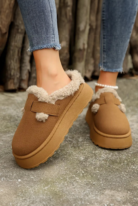 Brown Plush Patched Buckle Decor Thick Sole Thermal Slippers