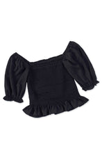 Black Smocked Puffy Sleeve Ruffled Top