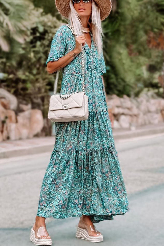 Vestido largo con volantes y estampado de cachemira, estilo bohemio, festivo