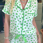 Green Clover Printed Short Sleeve and Ruffled Shorts Pajama Set