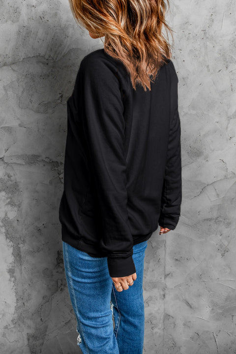 Black Spooky Rhinestone Drop Shoulder Graphic Sweatshirt