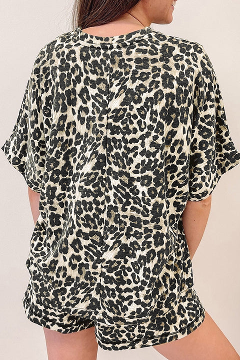 Black Cheetah Printed Casual Tee and Shorts Lounge Set