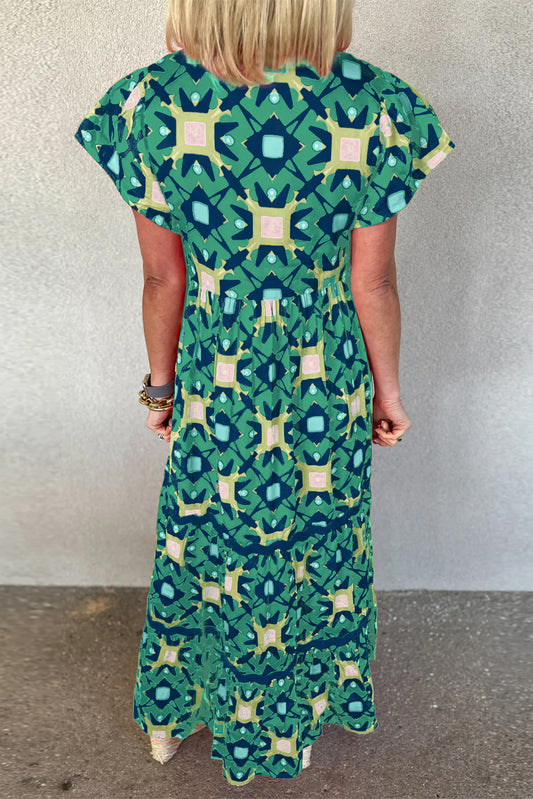 Sea Green Geo Print V-neck Maxi Dress