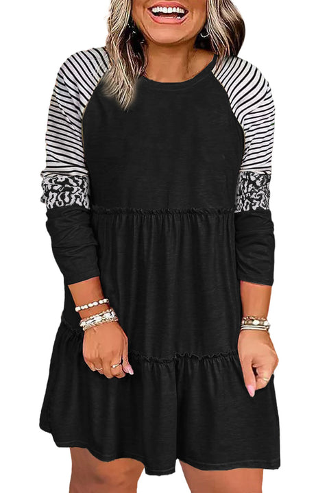 Black Plus Size Striped Leopard Patch Sleeve Ruffle Tiered Dress