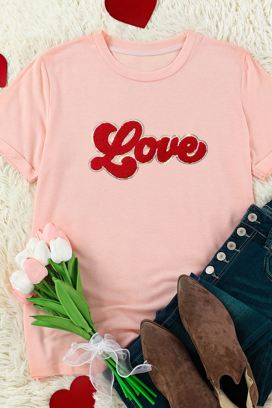 Pink Chenille Love Patched Pattern Round Neck Valentines T Shirt