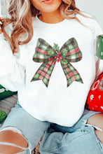 Beige Holly Plaid Bow Graphic Christmas Themed Sweatshirt