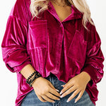 Bright Pink Plus Size Velvet Chest Pocket Drop Shoulder Shirt