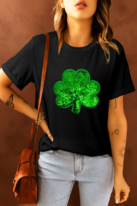 Black Sequin Clover Embroidered Round Neck Graphic Tee