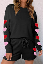 Black Heart Patch Long Sleeve Top and Shorts Textured 2pcs Set