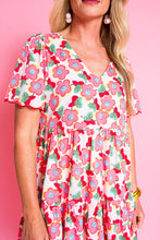 Multicolour Flower Print Scalloped Short Sleeve Ruffled Dress