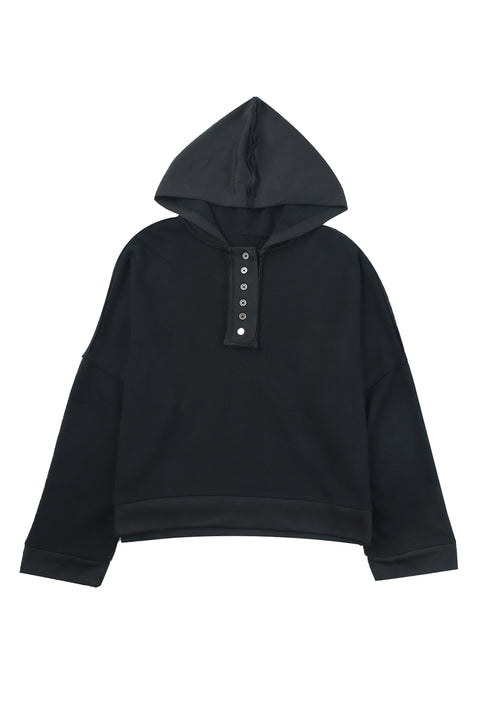 Casual Button Solid Patchwork Trim Hoodie