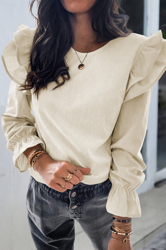 Beige Ruffled Flounce Sleeve Corduroy Blouse