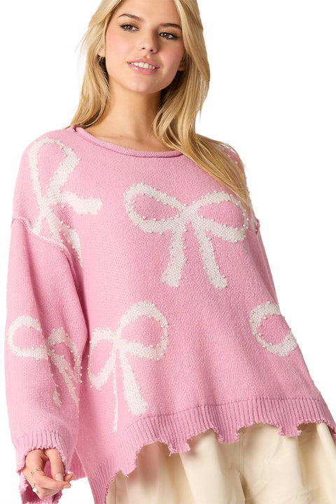 Pink Pearl Beaded Bowknot Pattern Distressed Split Hem Sweater