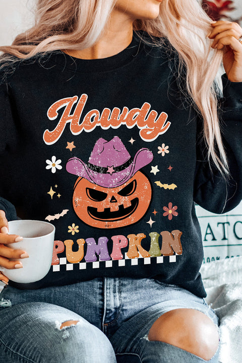 Black Halloween Howdy PUMPKIN Print Crew Neck Pullover Sweatshirt