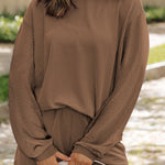 Chestnut Corded Knit Long Sleeve Top and High Waist Shorts Set