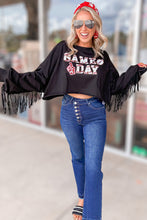 Black GAME DAY Rugby Sequined Tasseled Cropped Sweatshirt