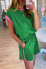 Green Contrast Trim Cable Textured Shorts Set