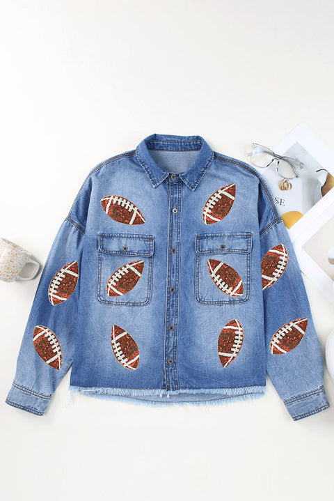 Sky Blue Sequin Rugby Graphic Flap Pockets Raw Hem Game Day Denim Jacket