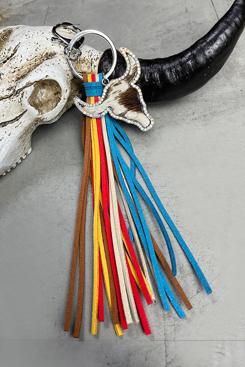 Philippine Gray Rhinestone Steer Head Colorful Tassel Key Ring