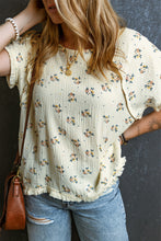 Beige Floral Detail Fringe Trimming Textured Top