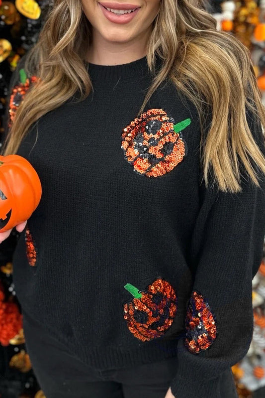 Black Plus Size Halloween Sequined Pumpkin Pattern Sweater