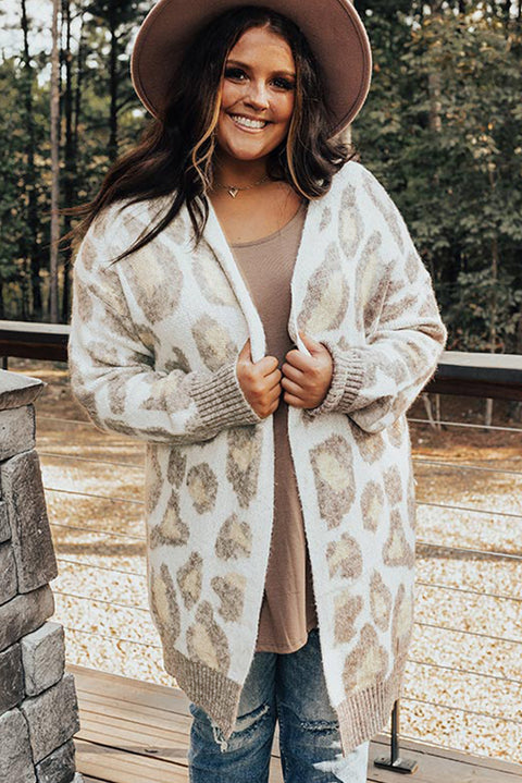 Beige Plus Size Leopard Pattern Cardigan