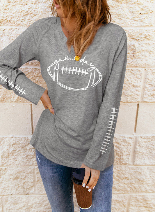 Game Day Soccer Graphic Print V Neck Long Sleeve Top