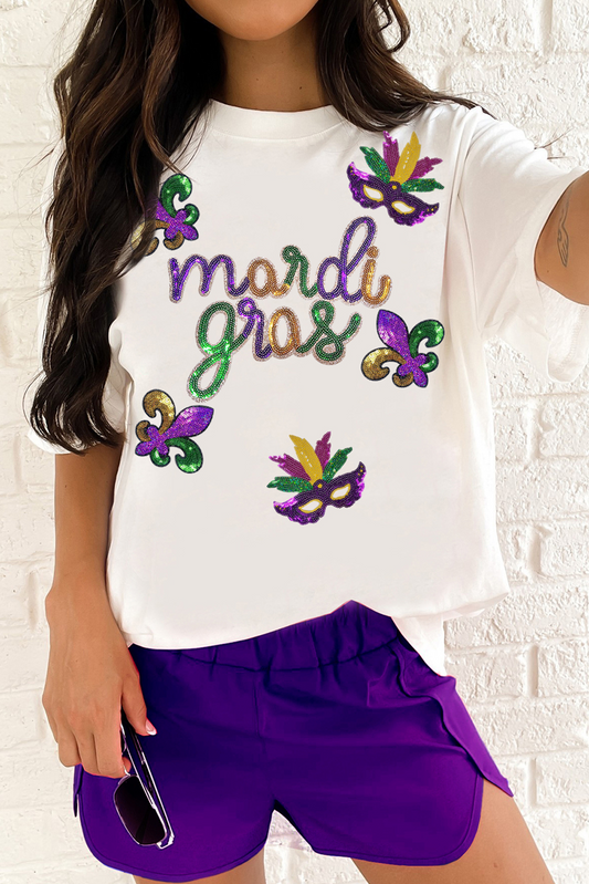 White Sequin Mardi Gras Pattern Graphic Crew Neck Tee