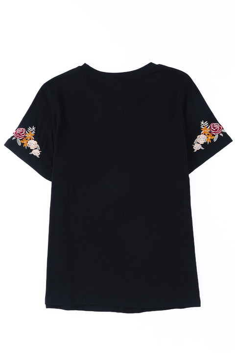 Camiseta de manga corta con cuello redondo y bordado floral 