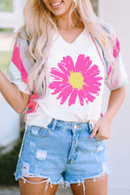 White Daisy Printed Striped Colorblock Sleeve V Neck T Shirt