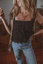 Black Floral Embroidered Buttoned Square Neck Tank Top