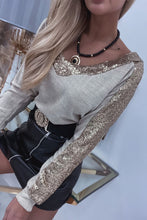 Khaki Sequin Patchwork V Neck Long Sleeve Top