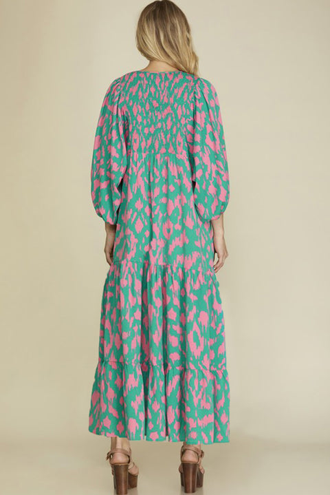 Green Abstract Print Puff Sleeve Tied Notched Neck Long Dress